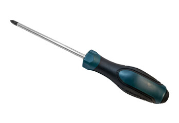 Phillips screwdriver with green and black handle isolated