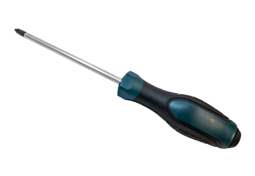 Phillips screwdriver with green and black handle isolated