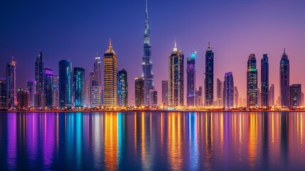 Fototapeta premium The design incorporates a futuristic cityscape with space and neon lighting, encapsulating the notion of modern hi-tech, science, and technology within an abstract digital framework