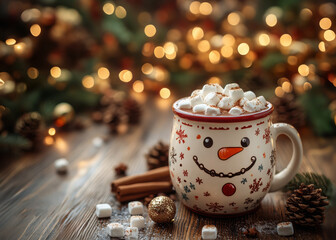 Two mugs in hands Ceramic snowman cup hot chocolate, marshmallows, Christmas decorations, drink, coffee, cream, surrounded cocoa beans, cinnamon. Place text, greeting card, banner, holiday, romance
