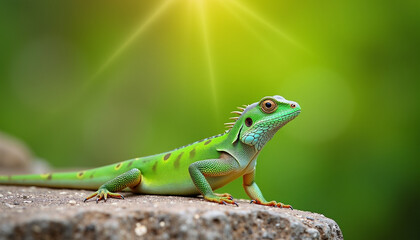 Naklejka premium Green Lizard on a Rock