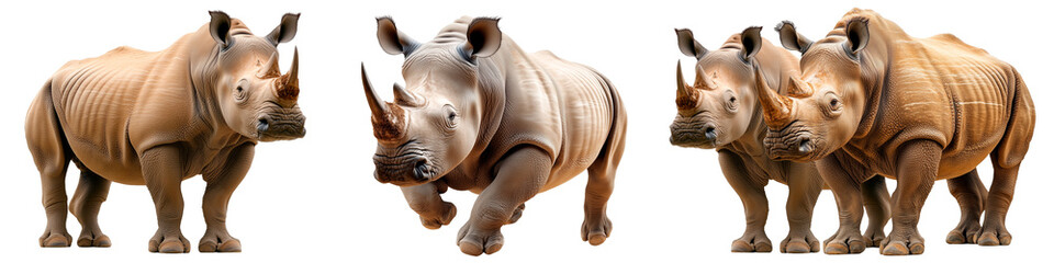 Obraz premium Rhinoceros isolated on a transparent background. A large, muscular rhino with thick, wrinkled skin and a prominent horn.