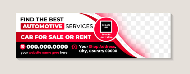 Car for sale or rental promotion social media post banner template. automotive modern banners with space for photo. Business horizontal page design. Modern cover with red and black colors