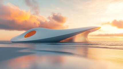 A 3D rendering shows abstract, wavy, futuristic architecture against a concrete floor