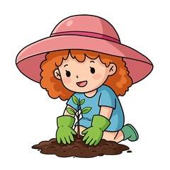 Cartoon Girl Planting a Green Tree Sapling with Sun Hat and Gloves in Bright Simple Illustration with Clean White Background and Bold Outline