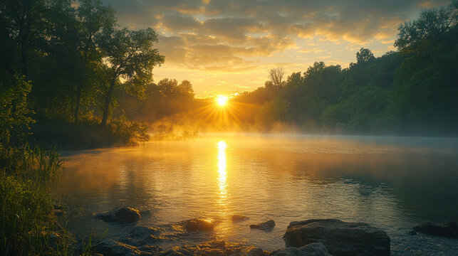 Golden Sunrise Over Lake Landscape