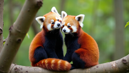 Obraz premium Playful Red Pandas on a Tree Branch
