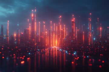 A dynamic digital graph with vibrant colors is used by a futuristic interface to display market data, analysis trends, and financial growth