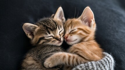 Fototapeta premium Two sleepy kittens cuddling on a dark fabric, soft knit blanket in background