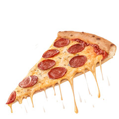 slice of pepperoni pizza with gooey melted cheese, savory toppings, and a golden crust, isolated on a transparent background.