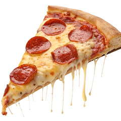slice of pepperoni pizza with gooey melted cheese, savory toppings, and a golden crust, isolated on a transparent background.