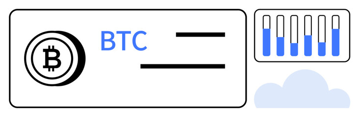 Bitcoin logo with BTC in bold text, data chart showing bars with blue highlights, cloud in lower corner. Ideal for cryptocurrency, fintech, blockchain, data analysis, cloud computing, digital wallet