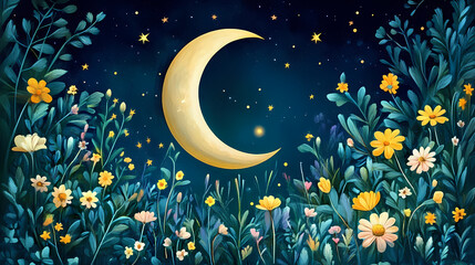 Fototapeta premium Serene night garden under crescent moon and stars. Celestial Stem. Illustration