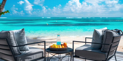 Fototapeta premium Outdoor terrace Tables and chairs by ocean at resort. Space for text. Travel summer vacation concept