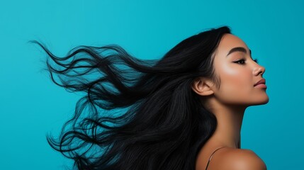 Fototapeta premium Beautiful model on plain studio background with copy space