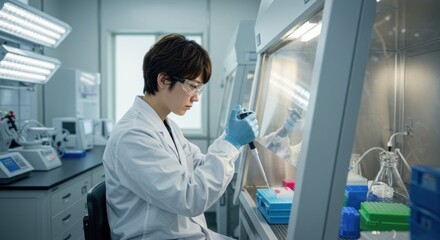 クリーンベンチでマイクロピペットを操作する研究者（ai生成画像）