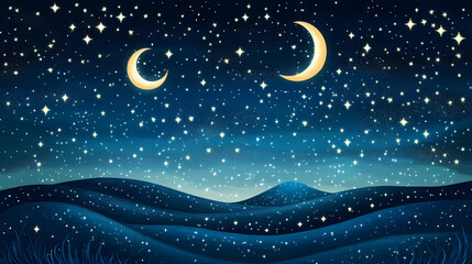 Fototapeta premium Serene night landscape with crescent moons and stars. Celestial Stem. Illustration