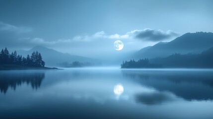 Obraz premium Serene lake at night under a full moon