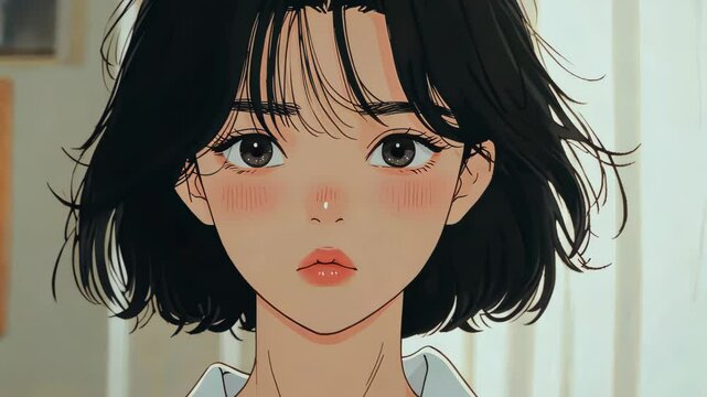 A 3yearold woman in a white shirt exudes confidence in her serene living room, captured in a strikingly vibrant style.