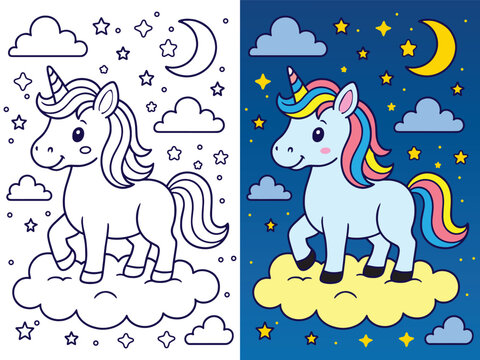 Adorable Unicorn Coloring Page &ndash; Cute Fantasy Night Sky Scene