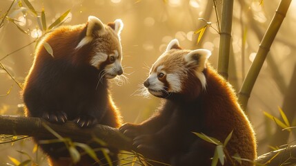 Pair of endangered red pandas playfully climbing trees in a misty bamboo forest soft fur glowing under golden light ultra HD wildlife photography