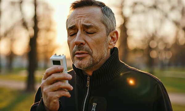 Middle-aged Caucasian man with breathalyzer in park, sunset background