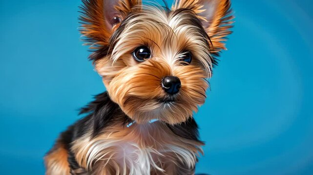 ute small dog with brown patches sitting against a bright blue backdrop, Ai Generated.