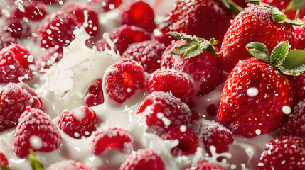 Strawberry in air with splashes of milk liquid, drops, dynamic movement and bright red color on pure white background. Copy space, place for text