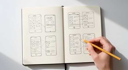 Mobile app design sketching in notebook for user interface ux ui development process and wireframing
