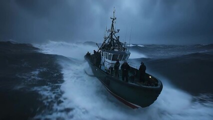 Boat navigates rough sea, facing large waves under a stormy sky, with visible figures on deck - Powered by Adobe