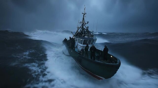 Boat navigates rough sea, facing large waves under a stormy sky, with visible figures on deck