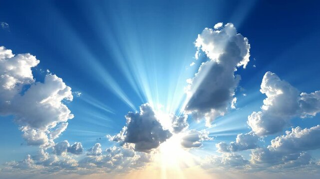 Bright sunburst shining behind white clouds in clear blue sky, beautiful heavenly ethereal light rays, daytime landscape, inspiring view
