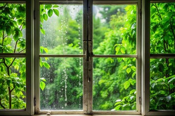 Rainy Day View Through a Window with Flowers