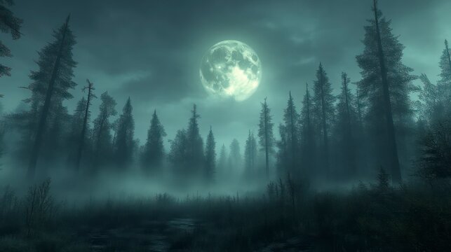 Enchanted Forest Under a Full Moon A Mysterious Night Scene with Fog and Tall Trees
