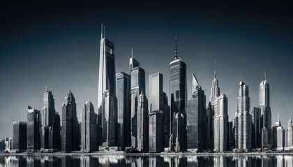 Obraz premium Beautiful view of city skyline at night with lit skyscrapers