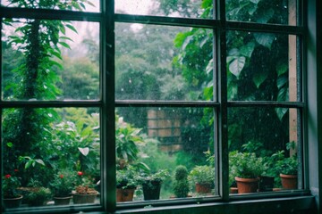 Naklejka premium Rainy Day View Through a Window with Flowers