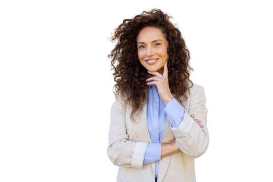 Confident businesswoman smiling and touching her chin with crossed arms on a transparent background - Powered by Adobe
