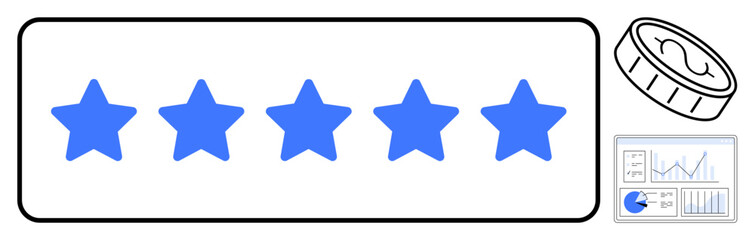 Obraz premium Five blue stars alongside a coin symbol and analytics chart showcasing quality assessment, trust, growth, and feedback. Ideal for review systems, business growth, branding, customer loyalty
