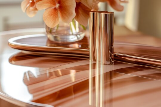 Close up of golden metal candlestick on the glass table.