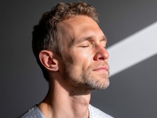 Obraz premium A serene individual with closed eyes enjoys a moment of calm, illuminated by soft light streaming in from the side.