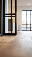 Obraz premium Light Oak Floor and Black Metal Framed Glass Door Interior