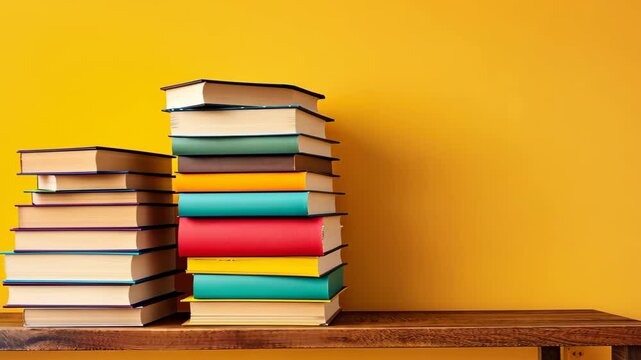 A plethora of books adorns a wooden table against a pastel yellow backdrop, creating a serene reading haven, Ai Generated.