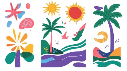 Obraz premium Abstract summer vacation beach landscape illustration with palm trees and sun