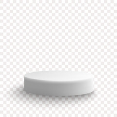 A white cylindrical podium is elegantly placed on a transparent background, casting a soft shadow. Its laconic form and pure color emphasize a minimalist style and focus attention on the object that w