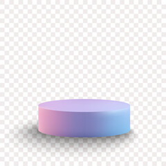 A cylindrical podium with a delicate gradient from pink to blue is elegantly placed on a transparent background. Its soft shadows create a sense of volume and emphasize a modern style. Eps 10