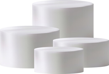Four white cylindrical podiums of different heights are elegantly arranged on a white background. Their clean design and placement emphasize a modern style and provide space for showcasing multiple pr