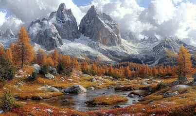 Autumnal valley scene with snow-capped peaks and golden larch trees. Stream flows through the valley floor