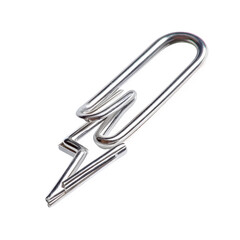 wide angle image of a paperclip shaped like a lightning flash, isolated on white background