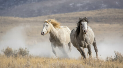 Obraz premium Galloping horses in a dusty landscape embodying freedom and strength, showcasing the beauty of nature's wild spirit