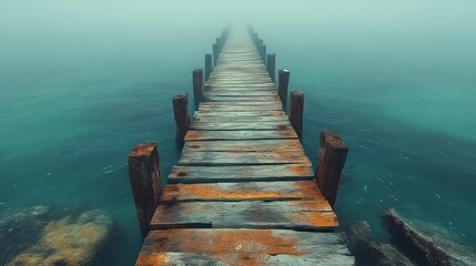 Fototapeta premium Foggy Wooden Pier Leading into the Misty Sea Atmospheric Landscape Photography for Nature and